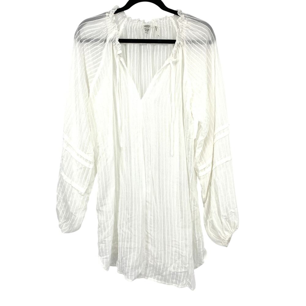 Lulus Smocked V-Neck Tunic Cover Up Womens S White Sheer Textured Stripe Peasant